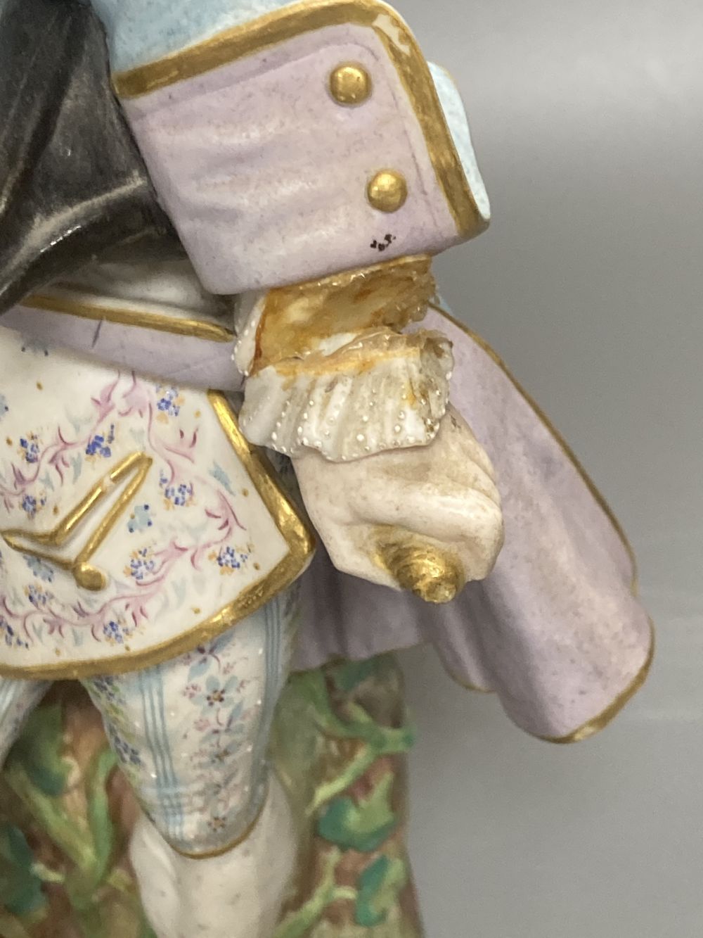 A pair of Wessel Frankenthal figures, 26cm, and a French bisque gallant, 29cm